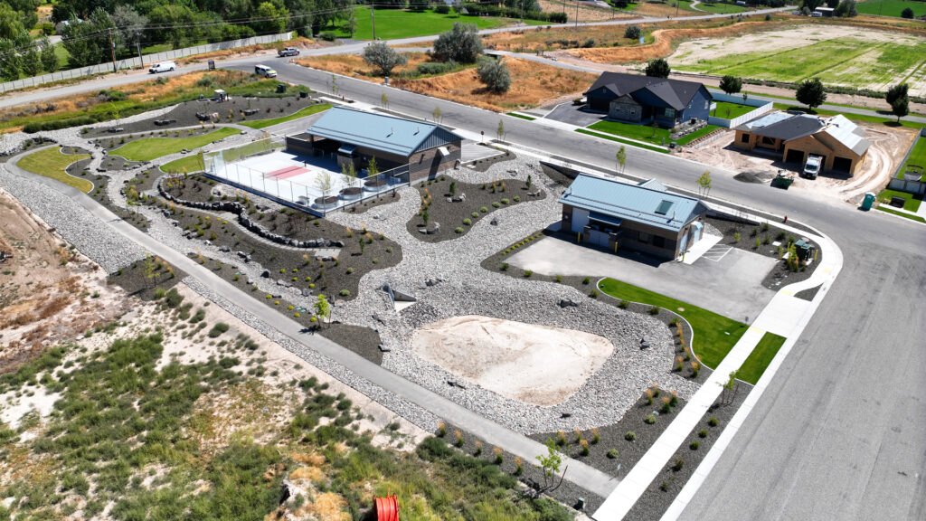 Groundwater conservation park in Ammon Idaho with walkways, seating, and native landscaping
